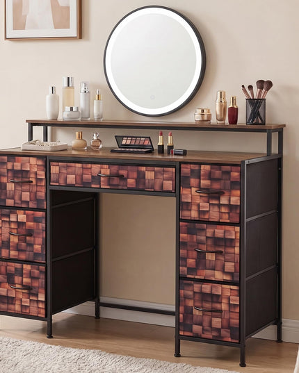 CHARMAID Industrial Vanity Desk with 9 Fabric Drawers & Top Storage Shelf