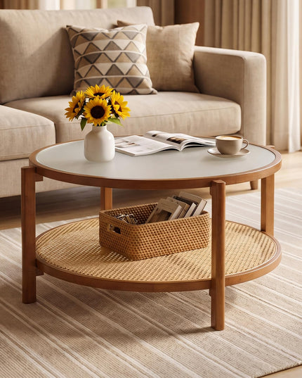 Giantex Rattan 35" Farmhouse Glass Center Table with Storage
