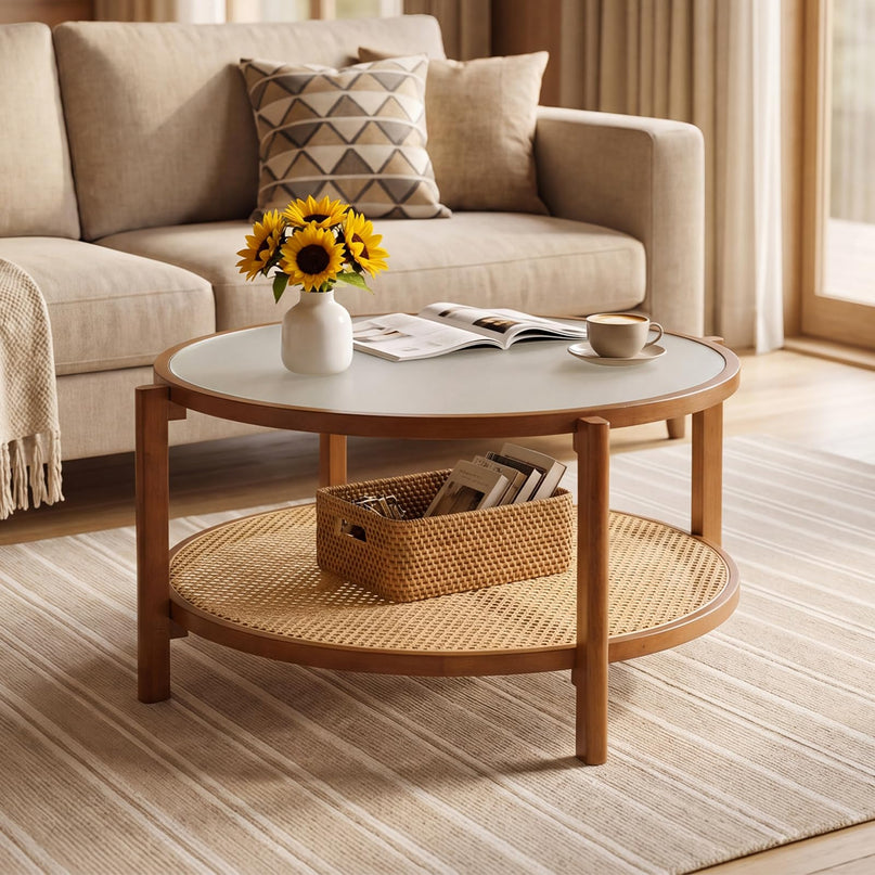 Giantex Rattan 35" Farmhouse Glass Center Table with Storage