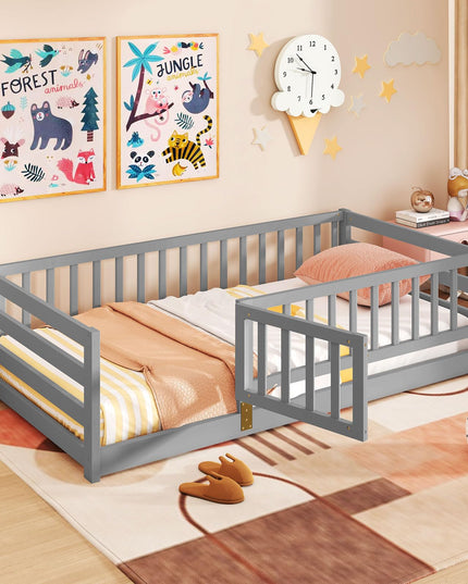 Giantex Twin Floor Bed with High Fence & Door