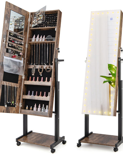 CHARMAID Jewelry Cabinet Armoire with LED Full Length Mirror, 3 Adjustable Heights, up to 69 inches