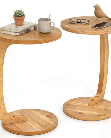 Giantex Tables d'appoint rondes en C en bois de teck massif (24 po), ensemble de 1 ou 2, tables d'extrémité pour canapé ou chevet