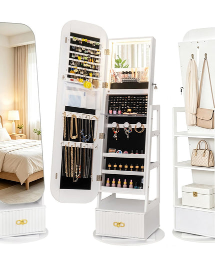 CHARMAID 360° Swivel Lockable Jewelry Armoire with Fluted Drawer