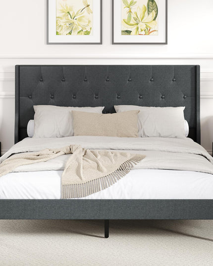 Giantex Queen Size Upholstered Bed Frame with Button Tufted Wingback Headboard