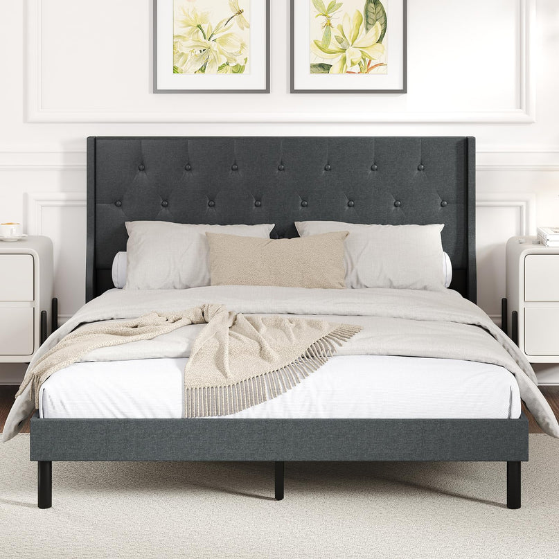 Giantex Queen Size Upholstered Bed Frame with Button Tufted Wingback Headboard