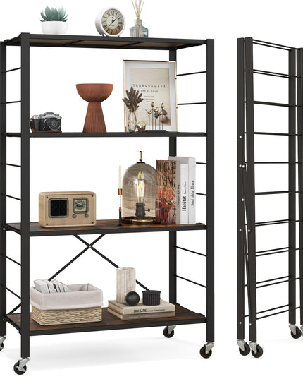 Giantex 4-Tier Folding Storage Shelf, Collapsible Shelving Unit w/Lockable Wheels & Adjustable Shelf