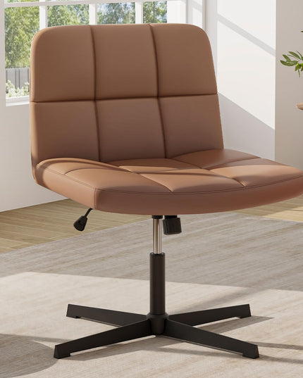 Giantex Criss Cross Chair, PU Leather Cross Legged Office Chair No Wheels, Height-adjustable Swivel Vanity Chair with U-shaped Seat
