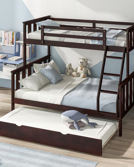 Giantex Twin Over Full Bunk Bed with Trundle, Reversible Ladder & Safety Guardrails
