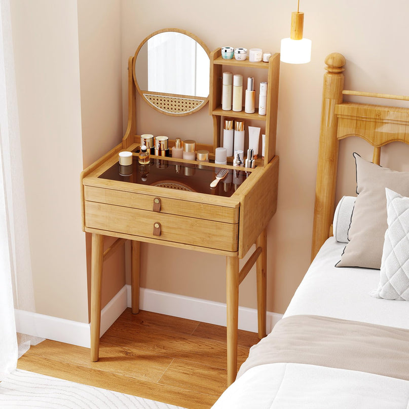 Small Vanity Desk with Mirror with Storage Drawers & Shelves