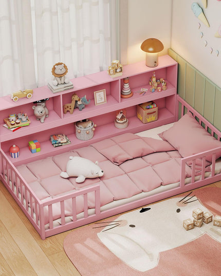 Lit de plancher Giantex pour enfants, taille simple/double, avec bibliothèque (Simple/Double avec bibliothèque)