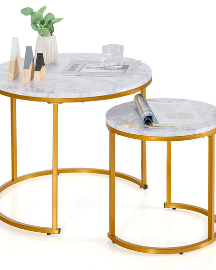 Giantex Nesting Coffee Table Set of 2, Round Stacking Side Tables with Wooden Tabletop & Powder Coated Steel Frame