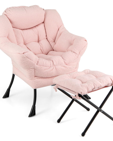 Giantex Set of 1/2 Lazy Chair with Folding Ottoman, Modern Sherpa Accent Chair w/Armrests & Pocket