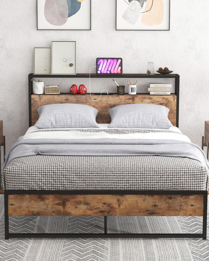 Giantex Full Bed Frame with Storage Headboard and Charging Station, with Outlets and USB Ports