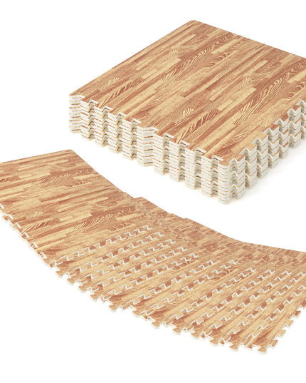 Giantex 100 Sq. Ft Wood Grain Floor Tiles Foam Mat, 25 PCS 24'' x 24'' Puzzle Exercise Mats with Borders
