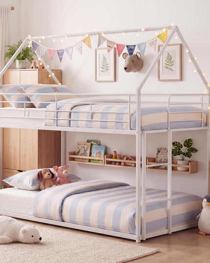 Giantex House-Shaped Twin Over Twin Metal Bunk Bed with Safety Guardrail & Roof