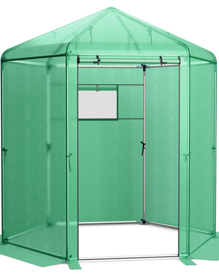 Giantex 7 x 6 x 7.5 FT Greenhouse, Large Hexagonal Walk in Greenhouse Outdoor with Heavy-Duty Metal Frame