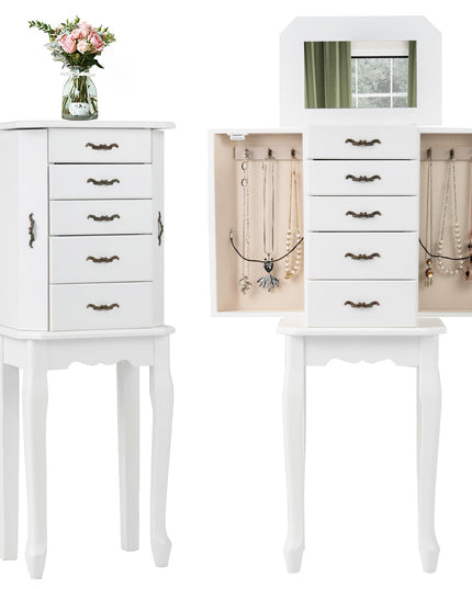 CHARMAID Standing Jewelry Organizer Cabinet with 4 Drawers, Top Storage Tray with Ring Slots, 2 Side Doors