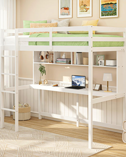 Giantex Solid Wood Twin Loft Bed with Desk and Bookcase