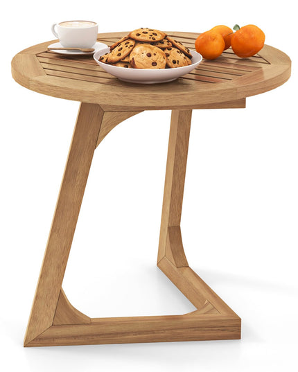 Giantex Teak Wood Outdoor Round Side Table with Slatted Tabletop