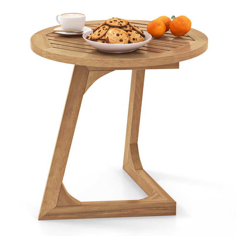 Giantex Teak Wood Outdoor Round Side Table with Slatted Tabletop