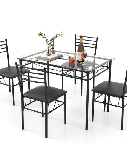 Giantex 5 Piece Dining Table Set, Kitchen Dining Set with Tempered Glass Table Top and 4 Upholstered Chairs (Black)