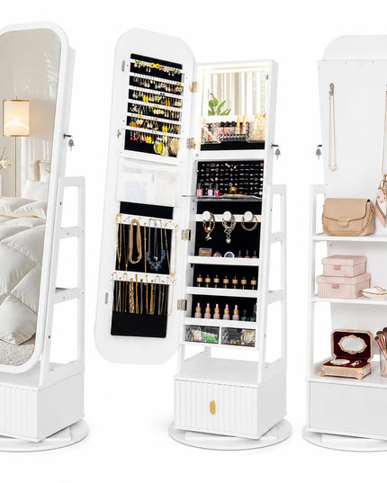 CHARMAID 360° Swivel Jewelry Cabinet with 3-Color LED Vanity Mirror