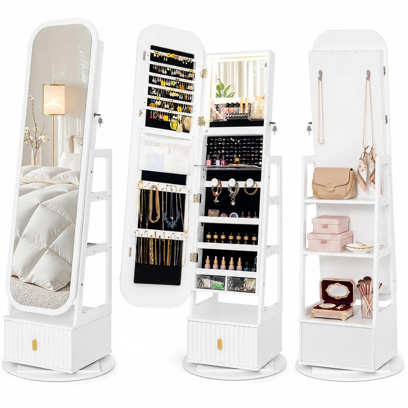 CHARMAID 360° Swivel Jewelry Cabinet with 3-Color LED Vanity Mirror