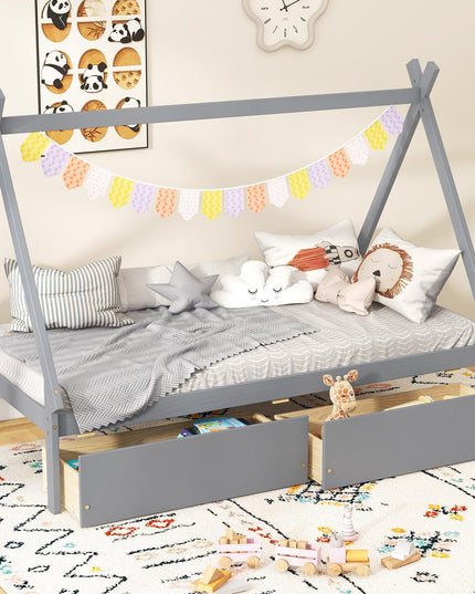 Giantex Twin Bed Frame with 2 Storage Drawers, Wood House Tent Platform Bed Frame with Triangle Structure