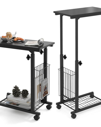 Giantex C Shaped End Table with Wheels, Height Adjustable Mobile Couch Snack Side Table with Storage Shelf