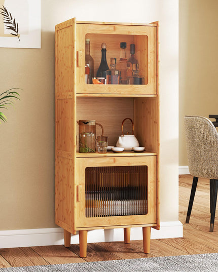 Giantex Bamboo Storage Cabinet, 3-Cube Bookcase, Freestanding Liquor Display Sideboard with 2 Single Doors