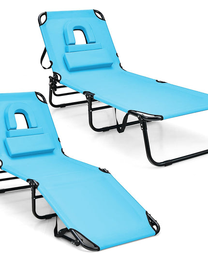 Giantex Folding Beach Tanning Chair - Adjustable Patio Lounge Chair w/Face Hole, Removable Pillows, Carry Strap