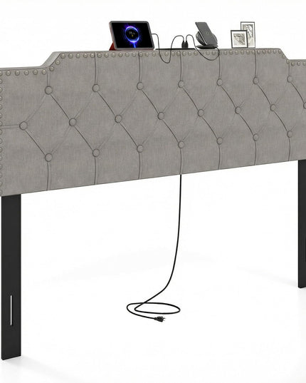 Giantex Headboard with Charging Station Queen/Full Size Rivet Tufted Upholstered（Riveted Diamond Tufting with Charging）
