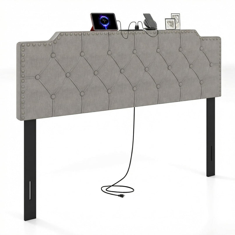Tête de lit Giantex avec station de charge Grand lit/lit double Capitonnée cloutée (Capitonnage en losanges cloutés avec chargement)