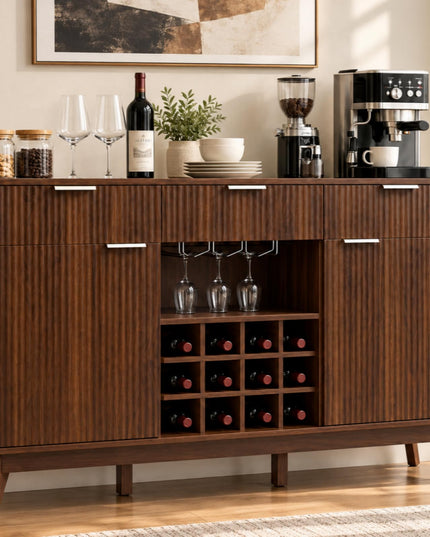 GIANTEX 60" Fluted Wine Bar Cabinet with 3 Stoarge Drawers & Wine Rack