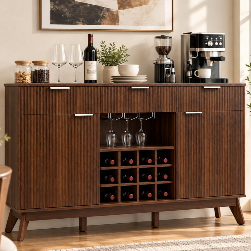 GIANTEX 60" Fluted Wine Bar Cabinet with 3 Stoarge Drawers & Wine Rack