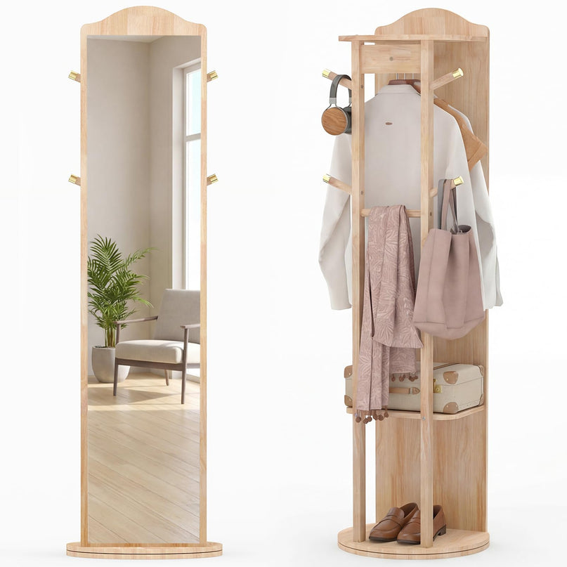 Giantex 66" x 19" Wood Floor Standing Mirror with 2 Clothes Rods