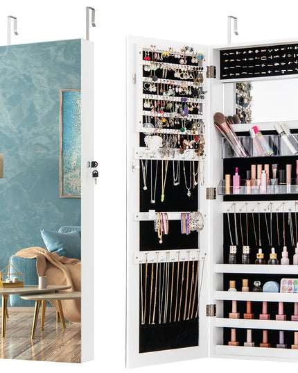 CHARMAID Jewelry Cabinet Wall or Door Mounted, Hanging Lockable Jewelry Armoire Storage with Full Length Mirror