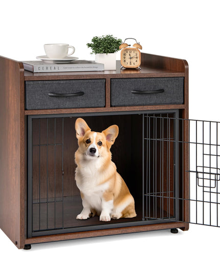 Giantex Dog Crate Furniture - Wooden Dog Cage End Table with 2 Storage Drawers