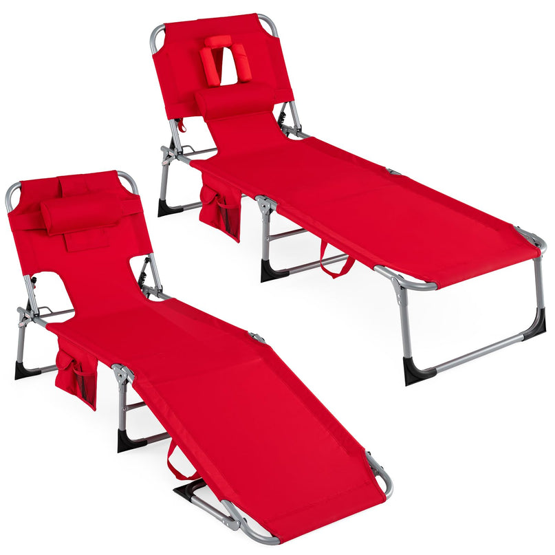 (下架）Giantex Tanning Chair Folding Beach Chair w/Face Arm Hole, Washable Pillow, Pocket