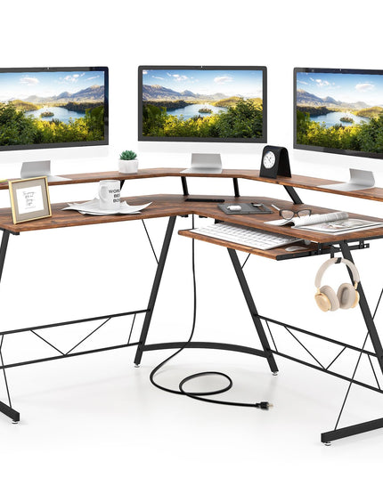 Giantex L Shaped Computer Desk with Power Outlet, 51" Corner Computer Desk with Monitor Stand and Reversible Keyboard Tray