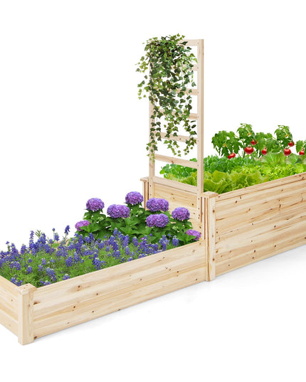 Giantex Raised Garden Bed with Trellis, Set of 2 Wood Shallow & Deep Planter Box for Climbing Plants