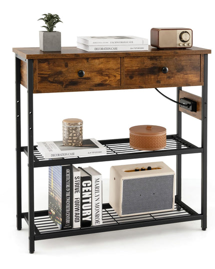 Giantex Console Table with Outlets - 3-Tier Entryway Table w/USB Ports, 2 Storage Drawers