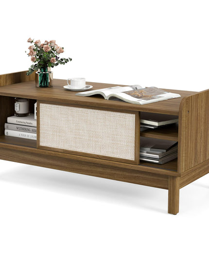 Giantex Coffee Table with Storage and Sliding Doors, Mid-Century Modern Coffee Table with Adjustable & Removable Shelf