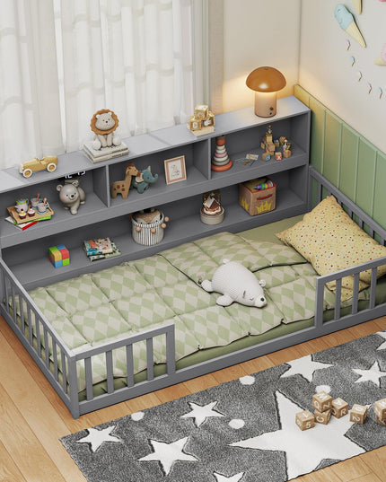 Giantex Twin Floor Bed with Bookcase for Kids