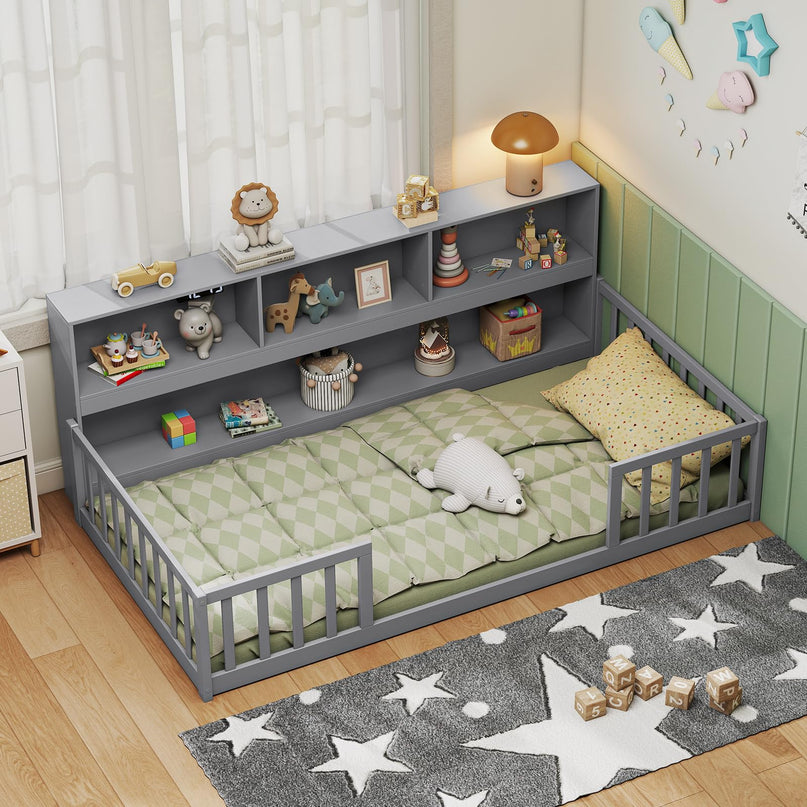 Giantex Twin Floor Bed with Bookcase for Kids