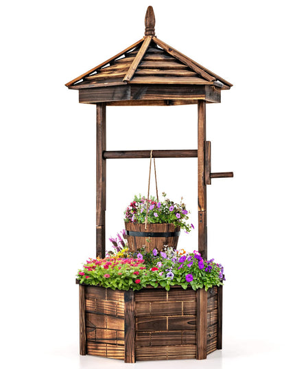 Giantex Rustic Wooden Wishing Well Planter with Hanging Bucket, Roof Shadow
