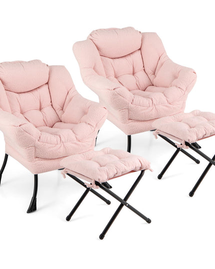 Giantex Set of 1/2 Lazy Chair with Folding Ottoman, Modern Sherpa Accent Chair w/Armrests & Pocket