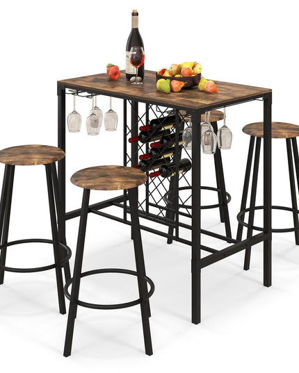 Giantex 5 Pieces Bar Table and Stools Set - Bar Height Table with Stools for 4, Kitchen Table Set with Wine Rack & Glass Holder