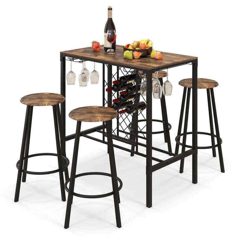 Giantex 5 Pieces Bar Table and Stools Set - Bar Height Table with Stools for 4, Kitchen Table Set with Wine Rack & Glass Holder