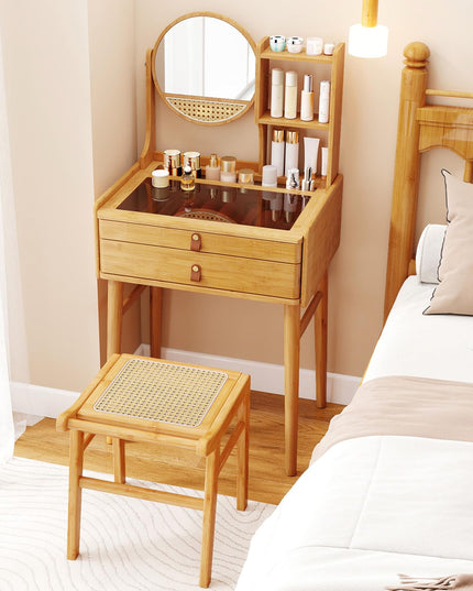 Small Bamboo Vanity Desk with Mirror and Stool for Bedroom Small Spaces
